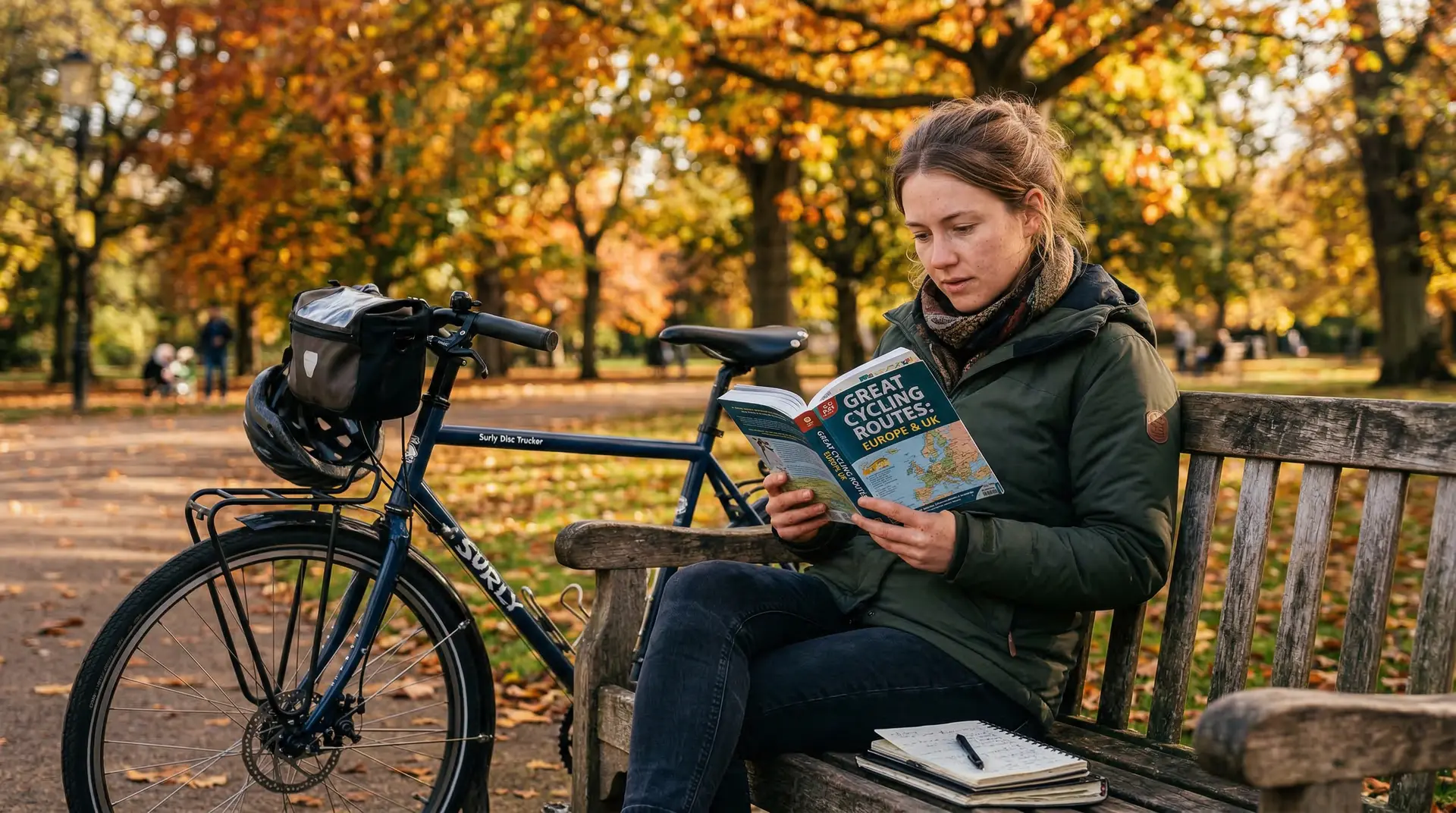 Lecture d'un guide vélo sur un banc de parc — blog Cours de Vélo IDF