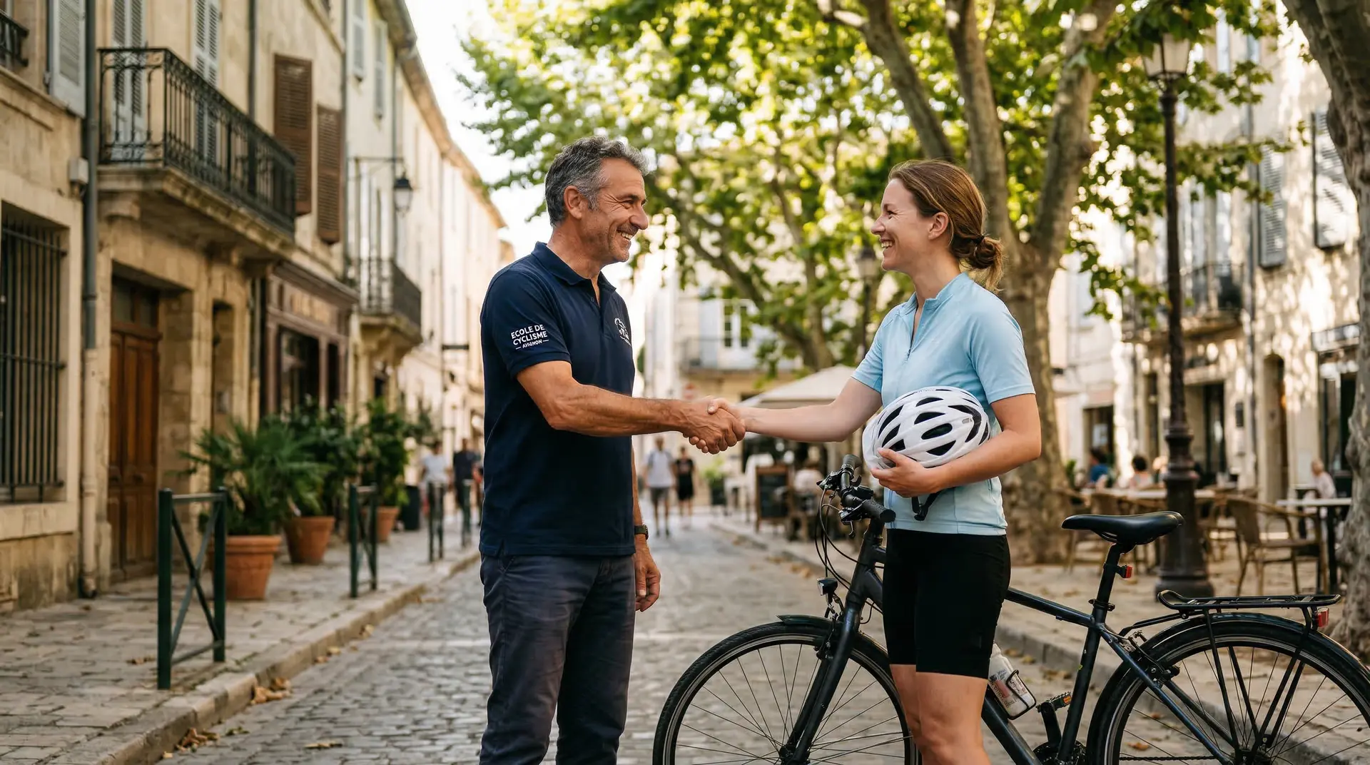 Un moniteur de vélo accueille un client — contactez Cours de Vélo IDF pour un devis gratuit