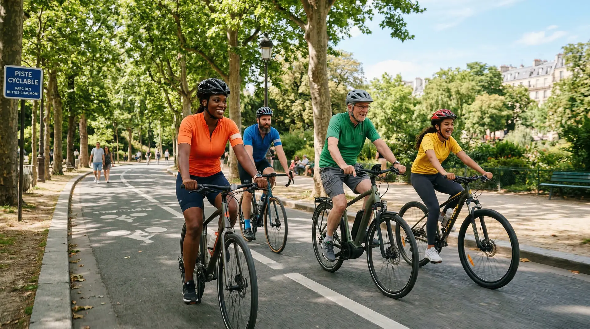 Groupe de cyclistes de tous âges sur une piste cyclable en Île-de-France — nos services de cours de vélo